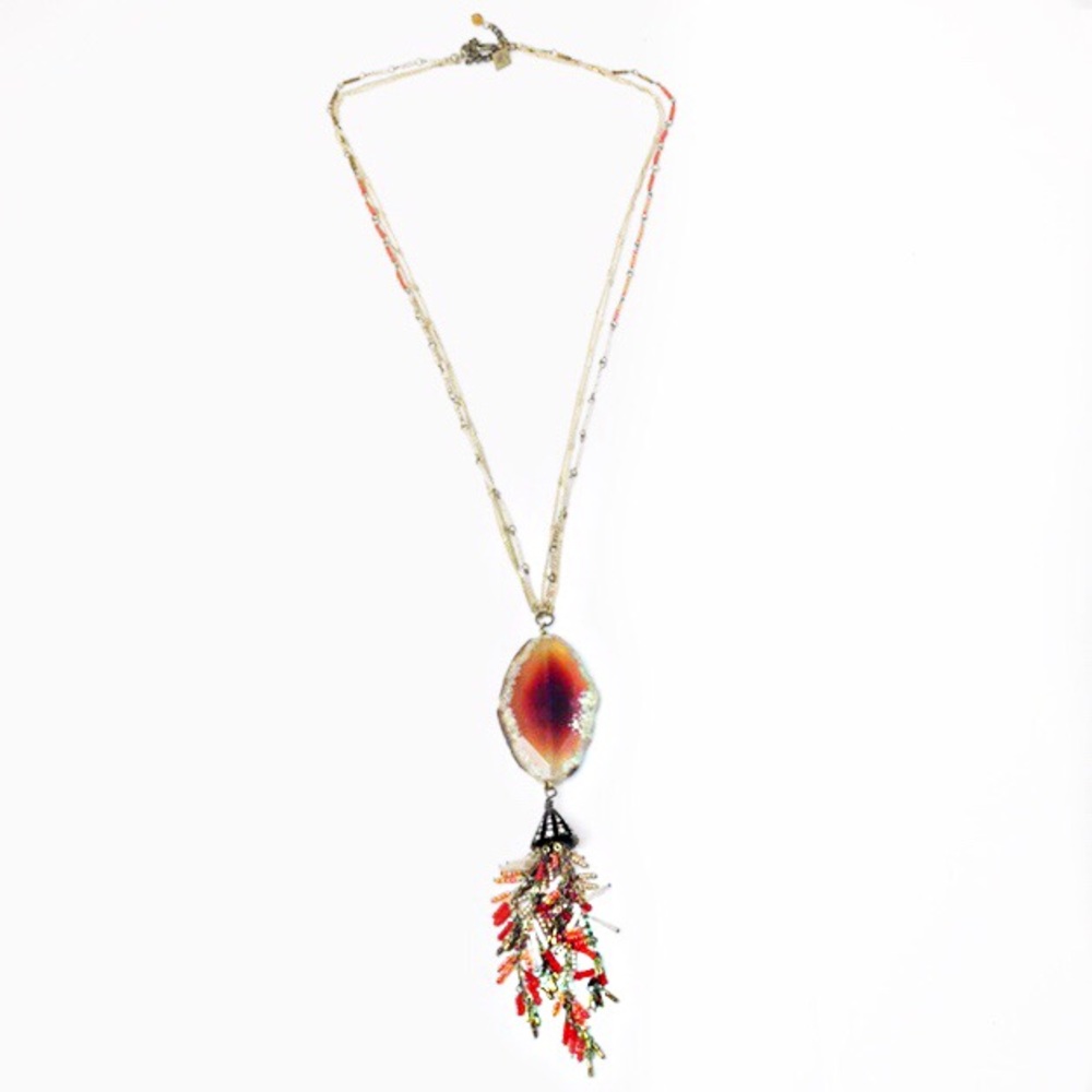 Sequin-NYC Statement Agate Bead Tassels Necklace